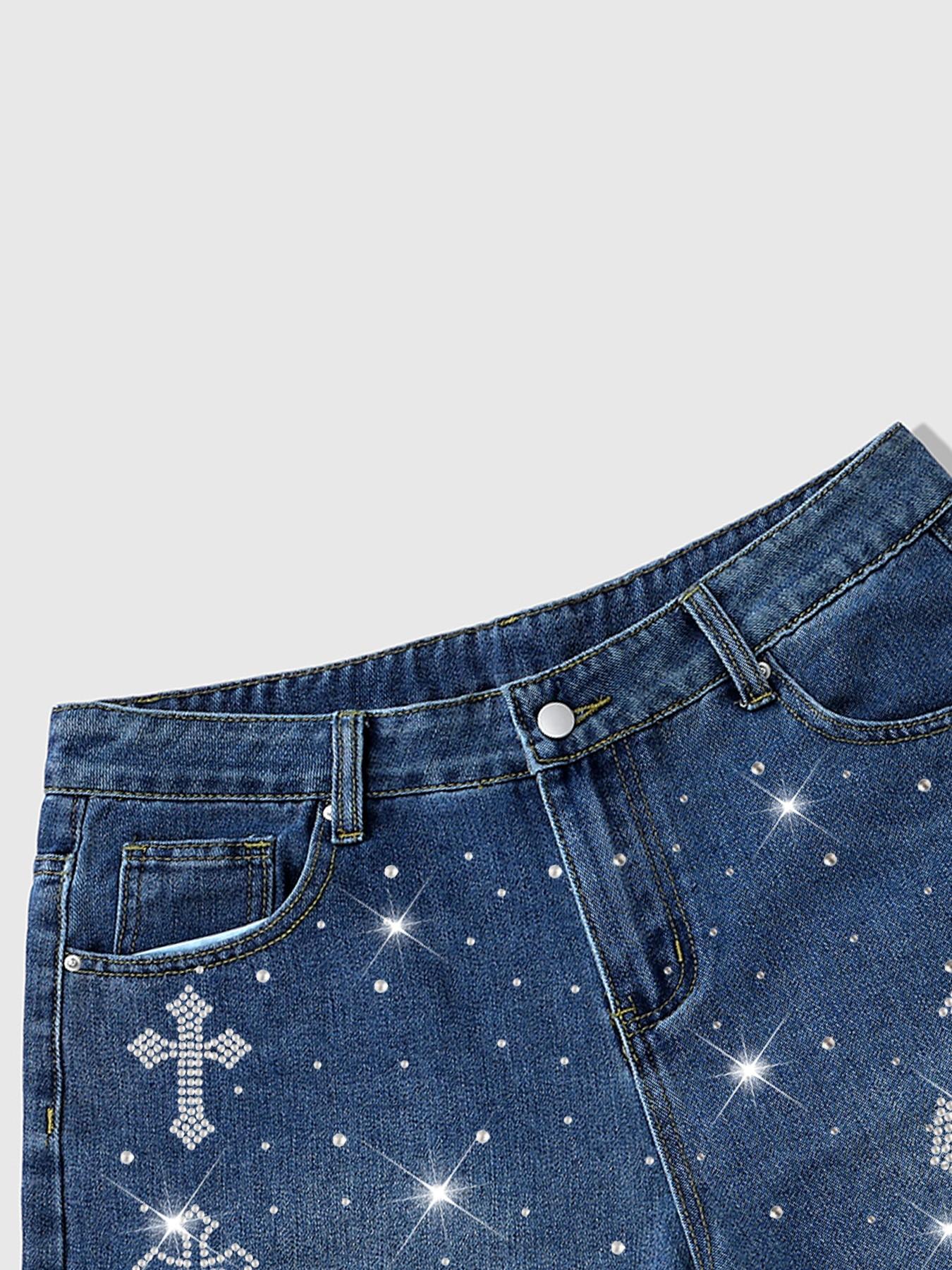 Men's Denim Shorts with Rhinestone Decoration, Loose-Fit Design, Fashionable and Comfortable, Ideal for Casual Wear, Streetwear and Daily Use