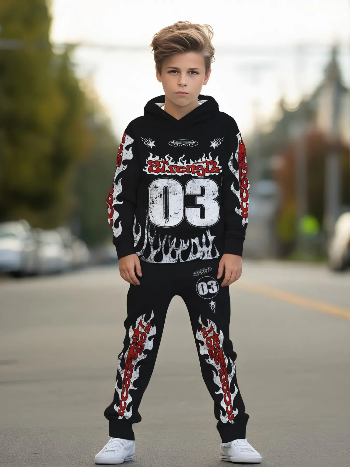 Boys' Cool Hoodie and Pants Set, Street Style Sporty Number Print, Slim-Fitting Long Sleeve Sweapants, All-Season Fashion Graphic Print Set