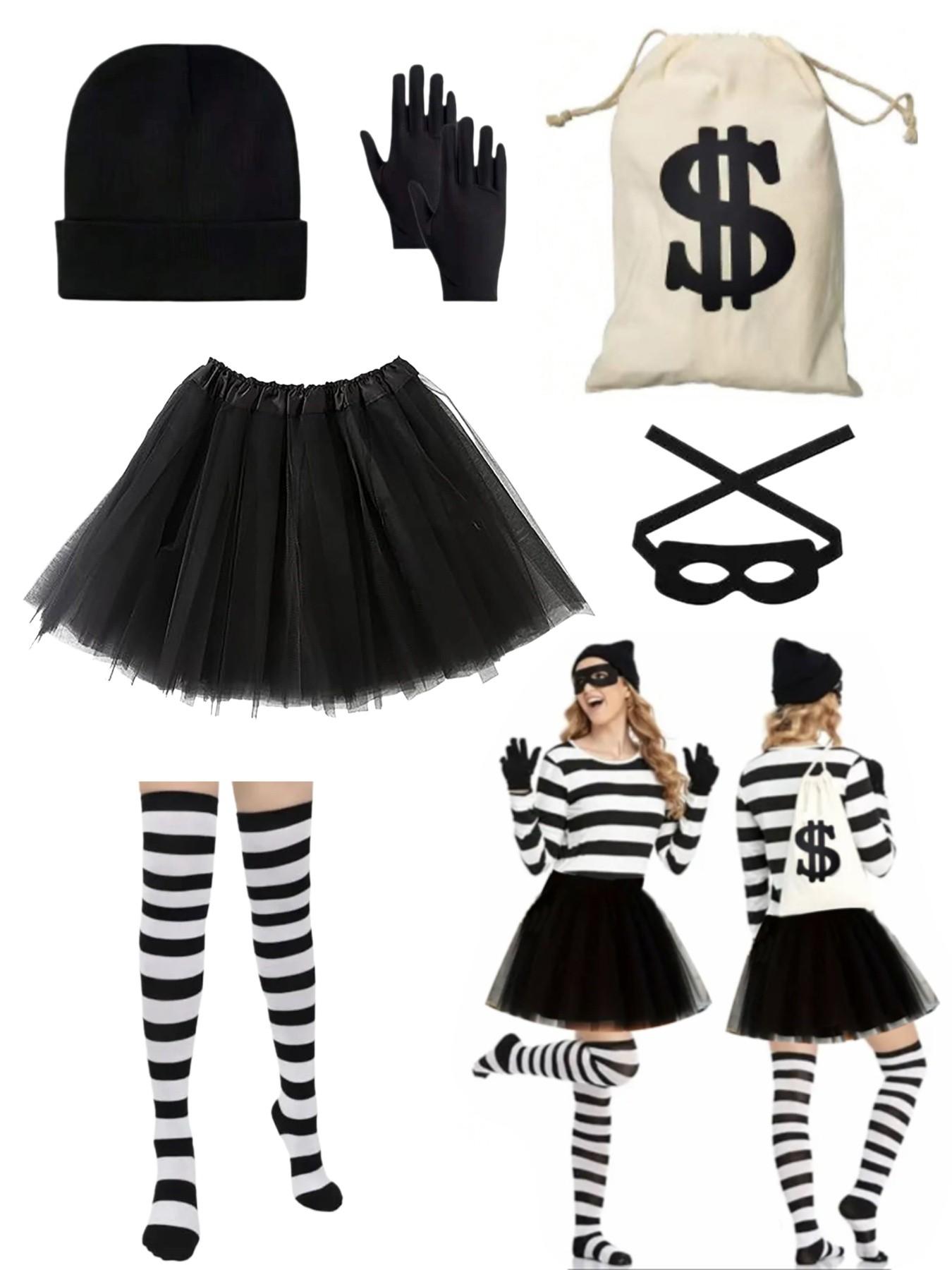 6-Piece Women's Thief Costume Set, Ballet Dress, Hat, Gloves, Eye Mask, Canvas Pouch, Striped Socks, Halloween, Easter, Christmas, Book Day