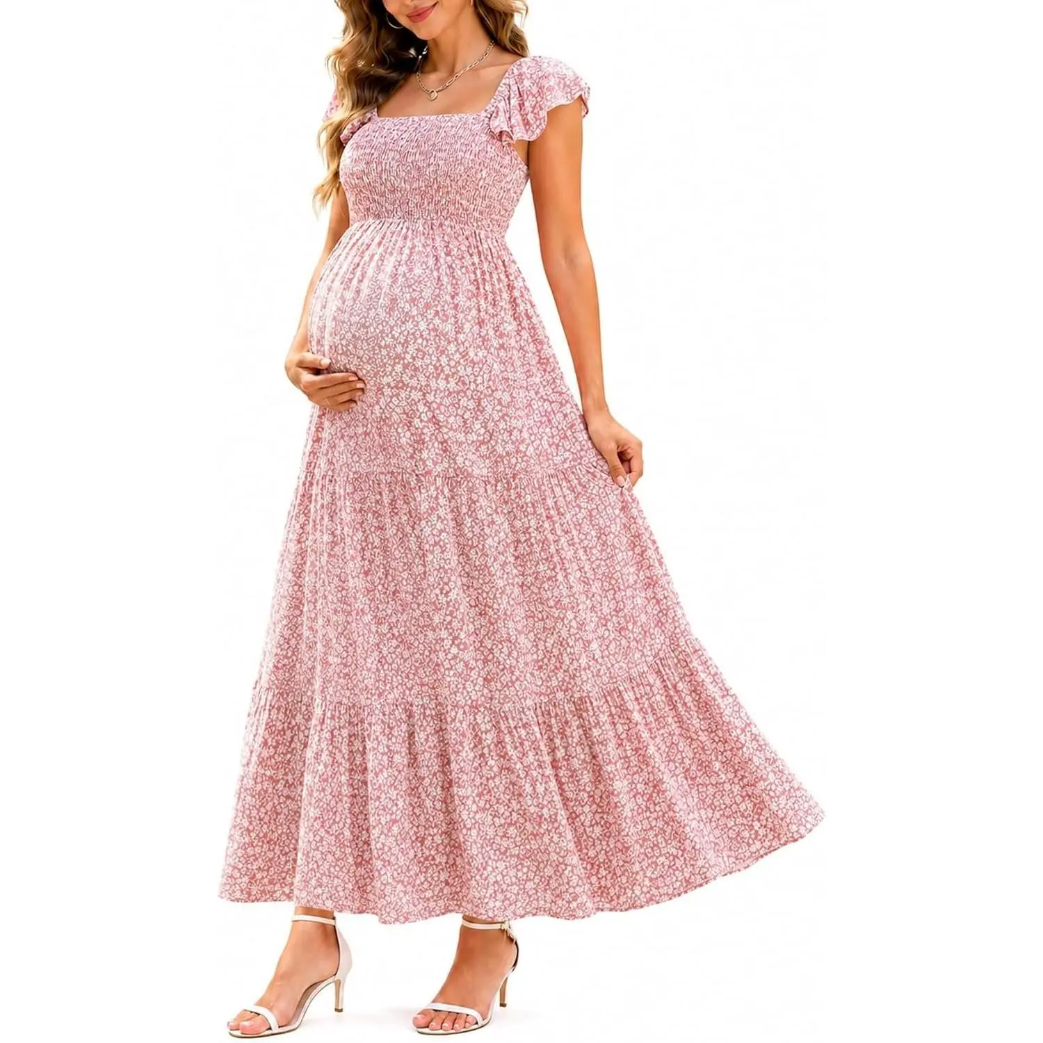 Maternity Baby Shower Dress Photoshoot Pregnancy Maxi Dress | Smocked top, breathable soft fabric, flutter cap sleeves, tiered A-line skirt, spring summer casual wear, postpartum