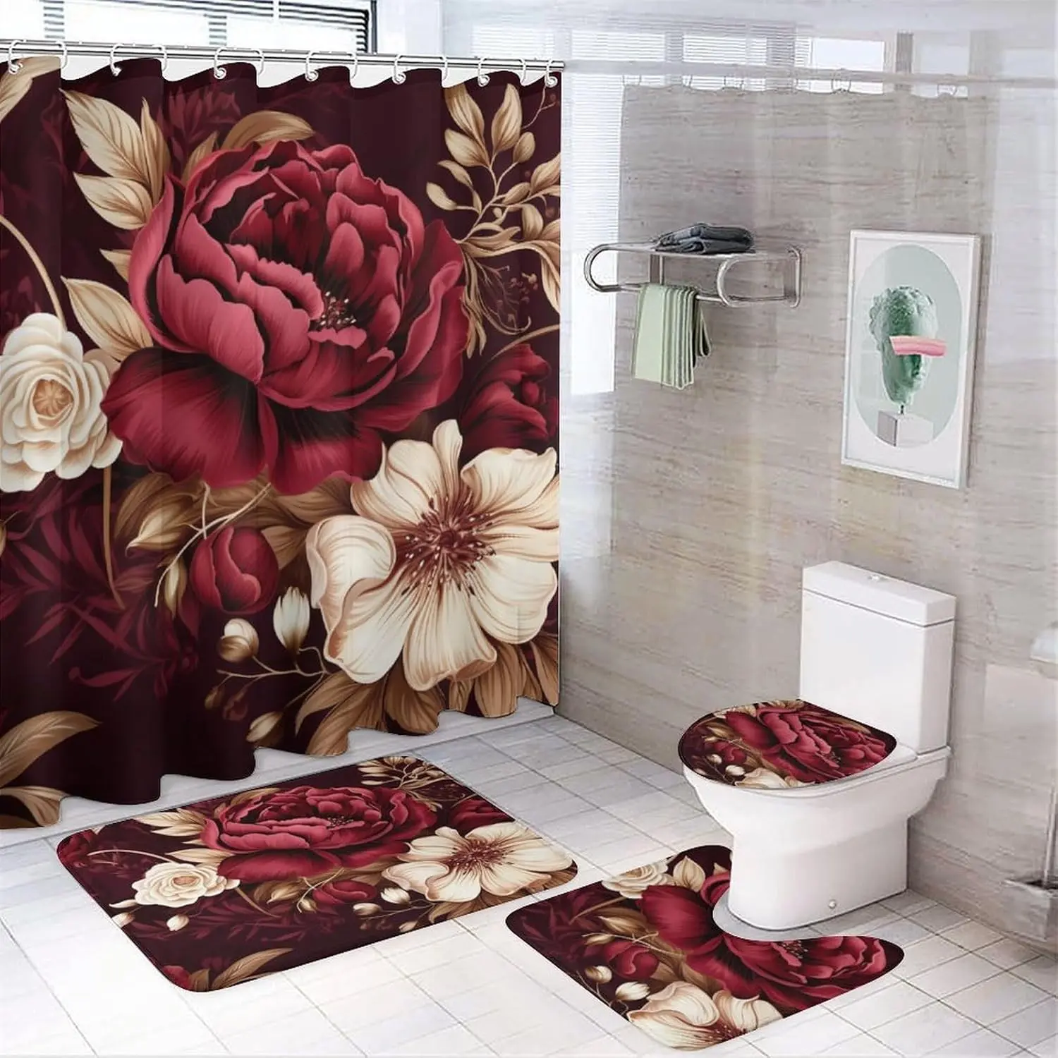 4 Piece Elegant Burgundy Floral Bathroom Decor Set - Waterproof Fabric Shower Curtain, Non-Slip U Shape Mat, Rug and Toilet Lid Cover, Red and White Floral Bathroom Decor Accessories