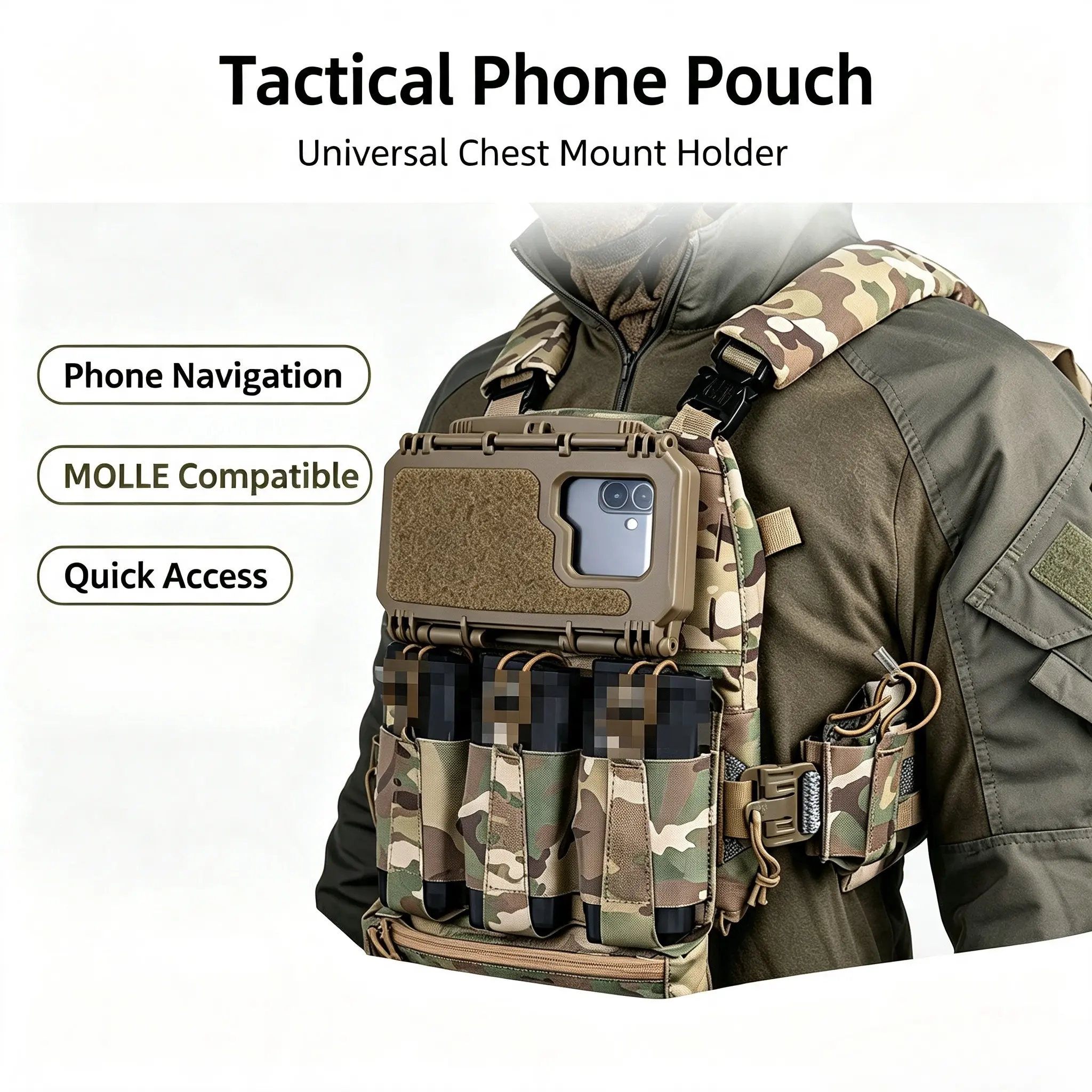 MOLLE Tactical Phone Pouch, 1st Gen, Universal Chest Mount Navigation/Camera Multi-Purpose Holder, Multifunctional Chestbag, for Tactical Vest/Plate Carrier/Airsoft/Outdoor Hunting/CS Games, 1 Piece