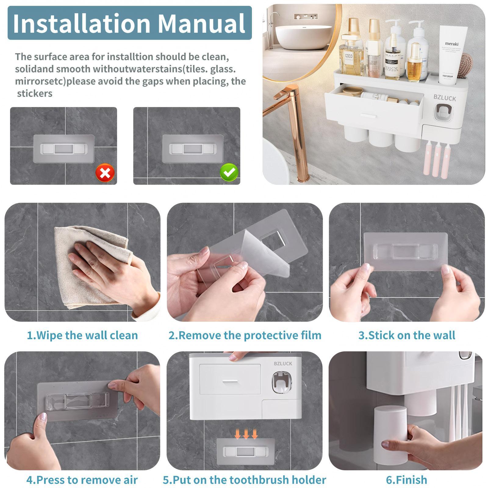 2-4 Cup Toothbrush Holders for Bathrooms - Wall Mounted with Toothpaste Dispenser - CosmeticDrawe, Large Capacity Tray & Bathroom Accessories Bottles Home Goods Organizer Organizing