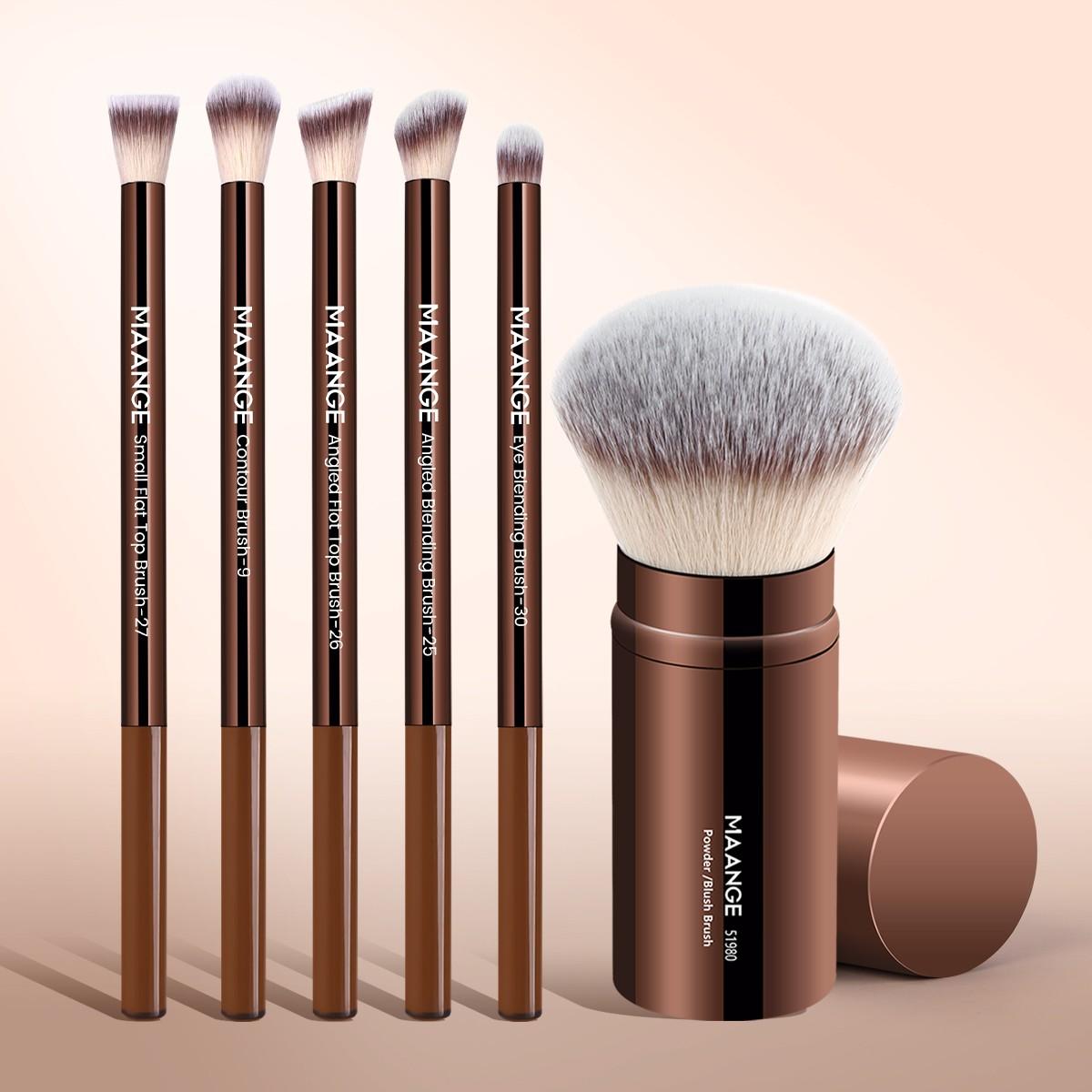 Maange 6-Piece Aluminum Tube Makeup Brush Set, Blush Brush, Powder Brush, Contour Brush, Concealer Brush, Highlighter Brush, Cosmetic Tools