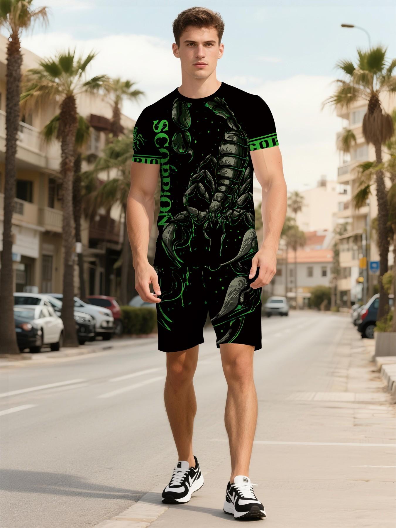 Men's 3D Digital Printed Two-piece Set with Green and Black Scorpion Ink Wash Trendy Casual Pattern, 2 Pieces, Fashion Retro Casual Outfit, Tropical Vacation-style Trendy Wear, Breathable Sports Casual Style, Ideal Holiday Gift for Men