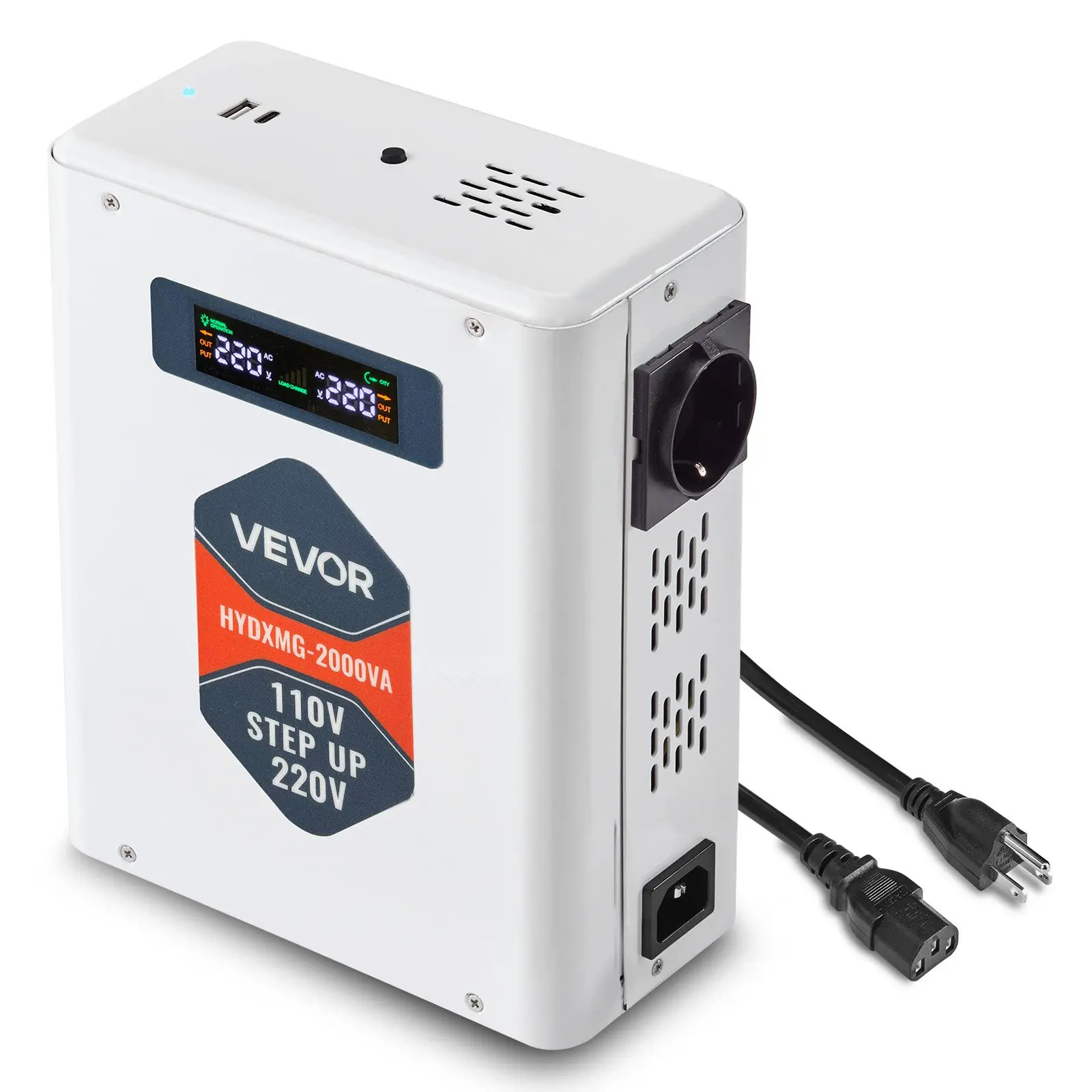 VEVOR Heavy Duty 2000VA Voltage Boost Converter, 110V to 220V Transformer with 2 EU Outlets, USB Port, LCD Display, Temperature Protection for 220V Appliances
