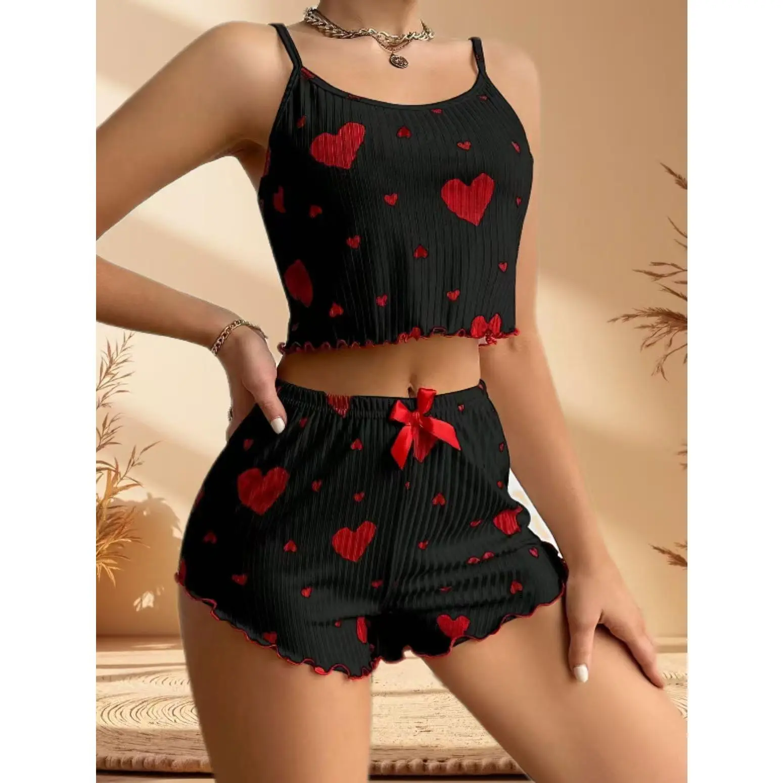 Women's 2-Piece Lingerie Sleepwear Set, Summer Polyester Cute Spaghetti Strap Sling Vest with Love Heart Print Shorts