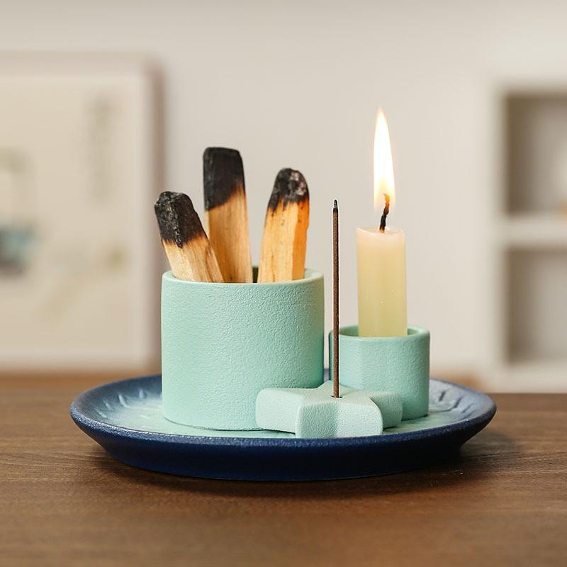 Morandi Color Ceramic Candle Holder, Nordic Style Home Atmosphere Decor, Mint Reed Diffuser, Solid Wood Tray, Home Ornament
