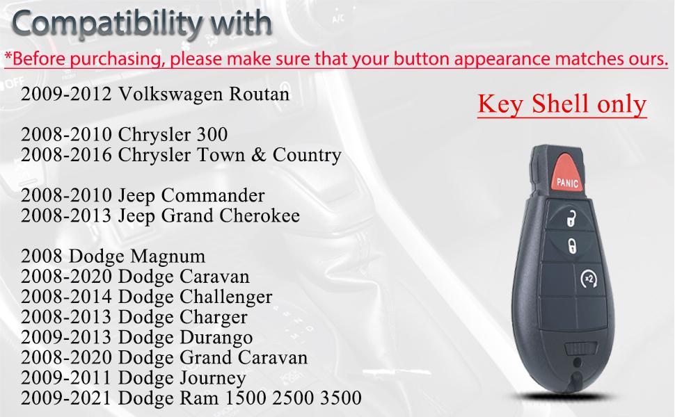 Key Fob Shell Case Replacement Fit for Dodge Ram 1500 Challenger Charger Durango Grand Caravan Journey Chrysler 300 Keyless Entry Remote Control 4 Button Pad Cover M3N5WY783X GQ4-53T