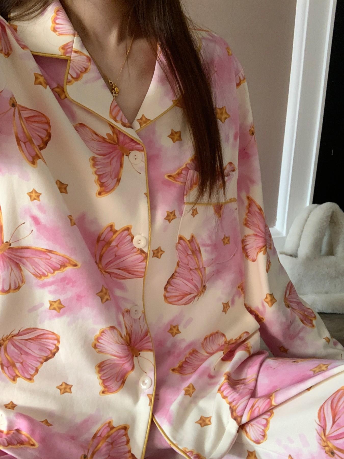 Elegant Open Front Sleepwear for Women, Comfortable Nightwear, Butterfly Print, Long Sleeve Fashion Pajamas, Pajama Set, Spring & Fall