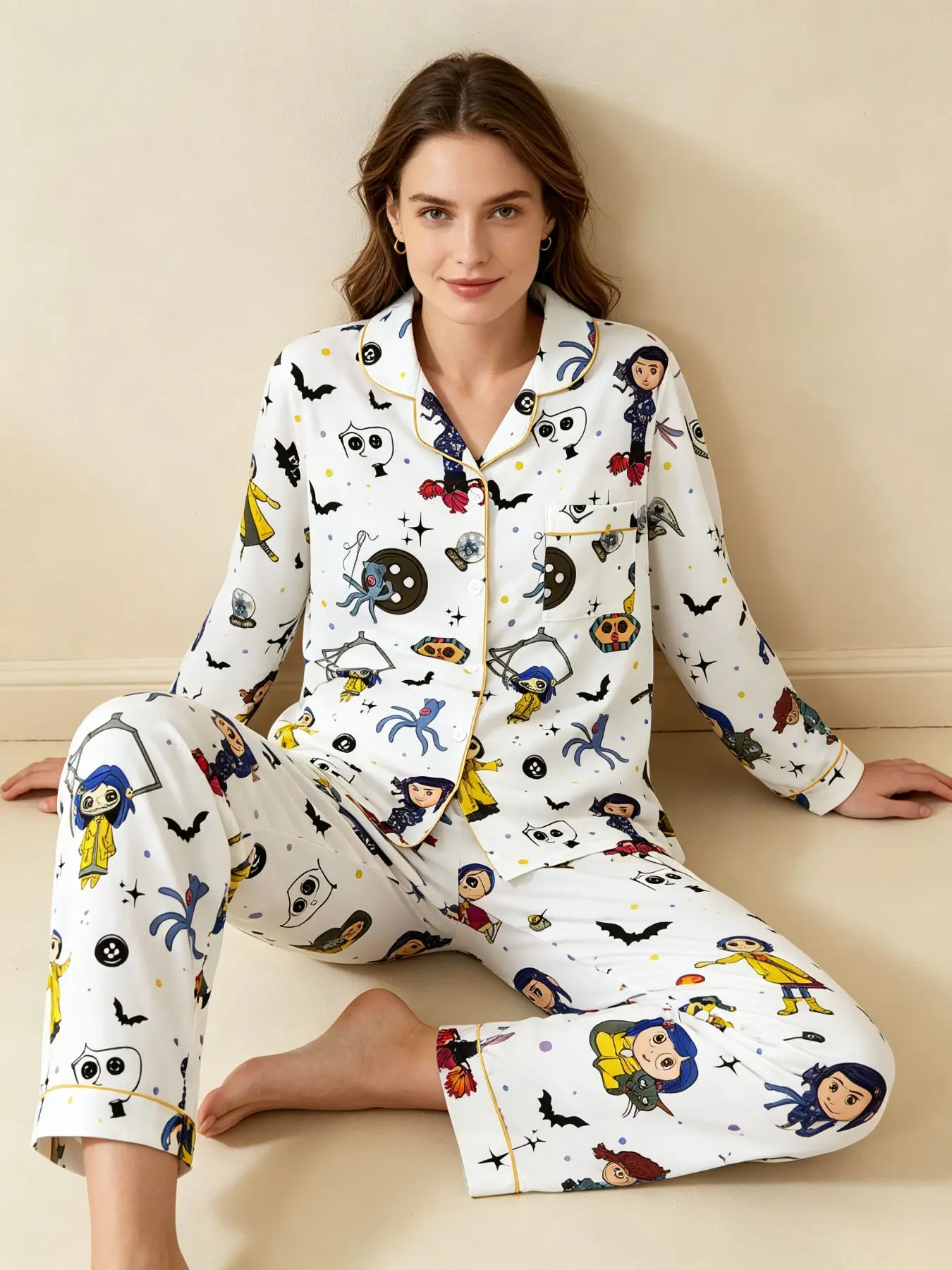【Black Friday】Women's Pajama Set with Cartoon Print, Long-Sleeve Shirt and Pants, Casual Fitted Sleepwear for All Seasons, Party Gift, Homewear Pyjamas