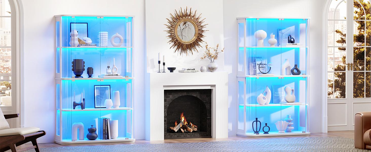 MIIFUNY Large Rounded Display Cabinet with Glass Door, 4-Tier Curio Cabinet with 3 Color Lights for Collectibles, Figures, Glass Display Case with Transparent Full-Display Surface, Human Body Sensor, White