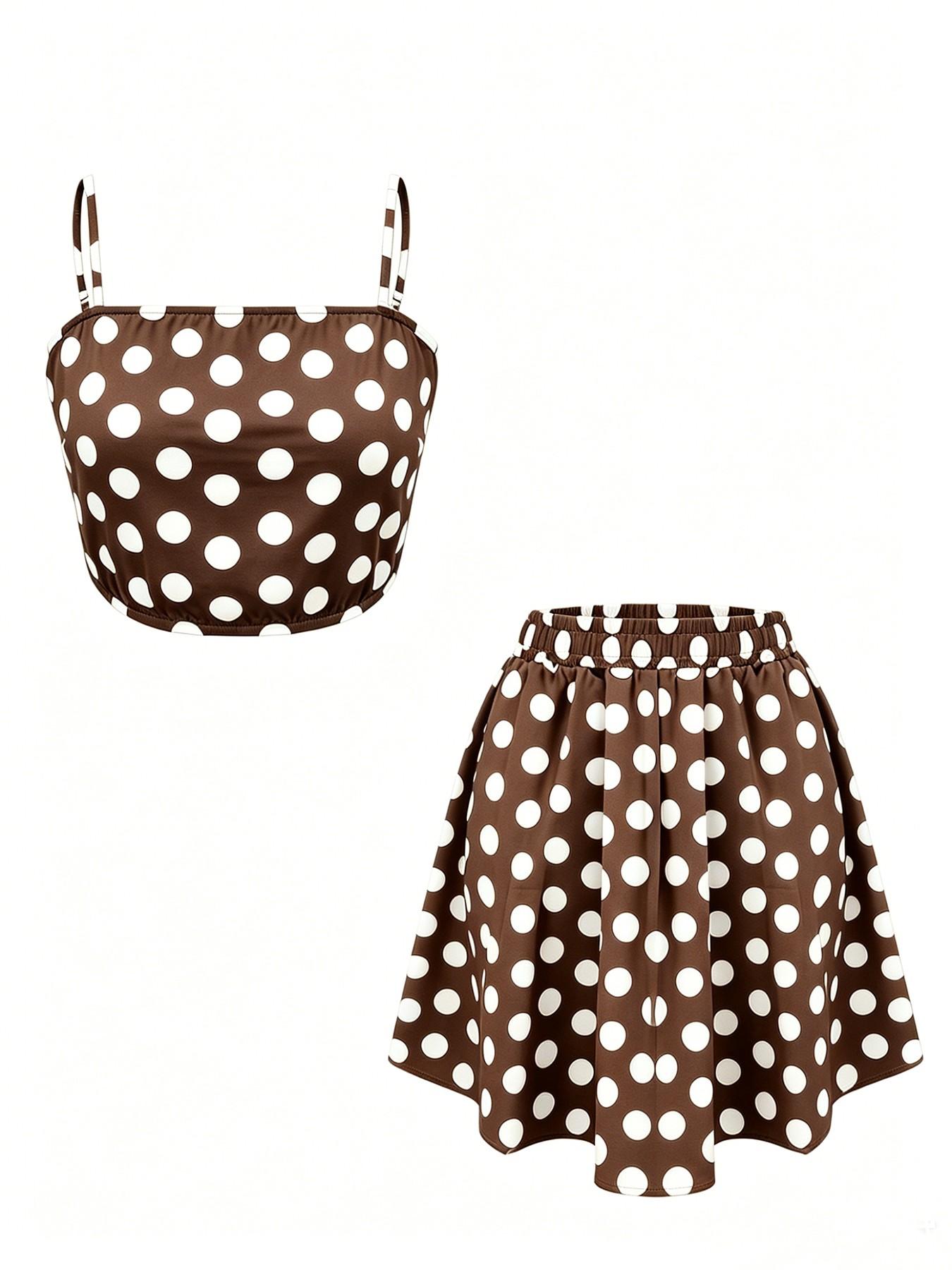 Women's Elegant Chic Casual Polka Dot Sleeveless Spaghetti Strap Halter Top Short Skirt Two-Piece Set, Perfect Choice for Summer Vacation, Stylish and Comfortable