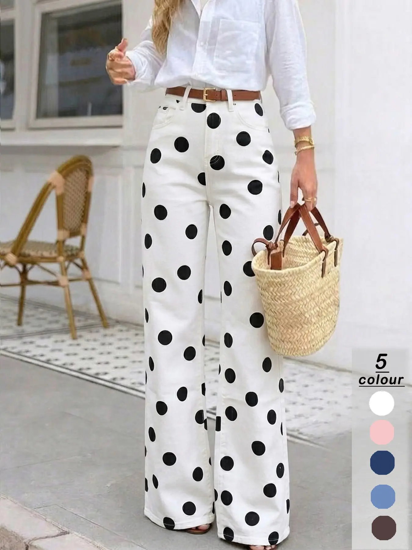Women's Stretch Polka Dot Wide Leg Jeans, Casual All Seasons Wear, Comfortable & Stylish Womenswear Women's Stretch Polka Dot Wide Leg Jeans, Casual All Seasons Wear, Comfortable & Stylish Womenswear
