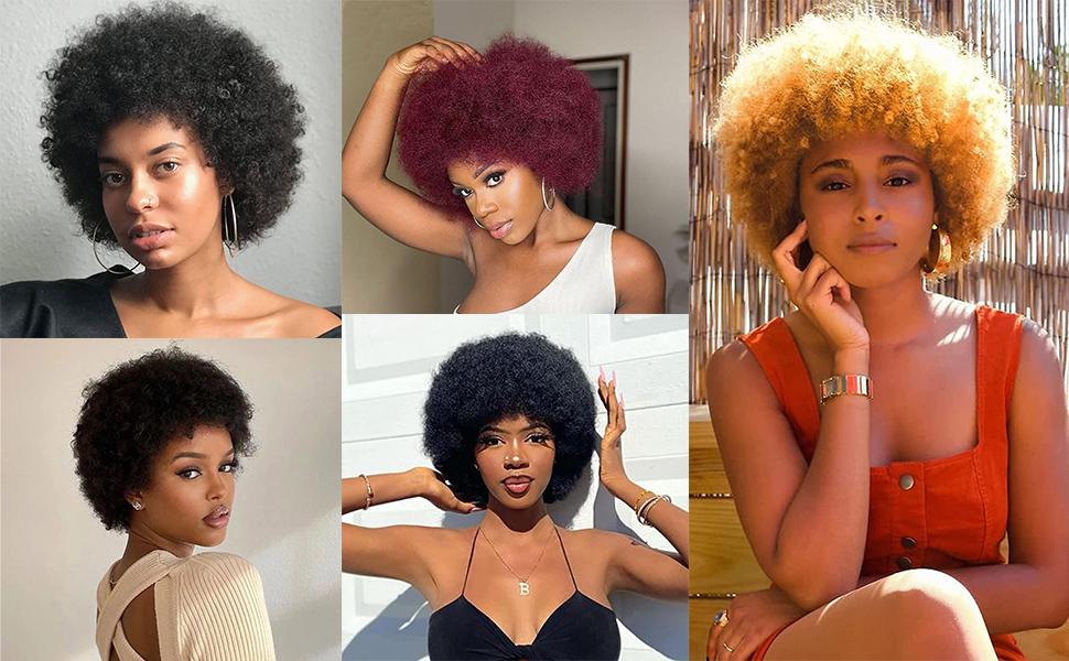 Glueless Wigs Human Hair Short Afro Kinky Curly Blonde Wigs For Women Human Hair Put on & go Soft and Fluffy Glueless Wigs 70s 80s Hair Kinky Curly Wig Cosplay or Daily Use Wigs 180% Density Pixie Curl Work Wig Onetide Hair