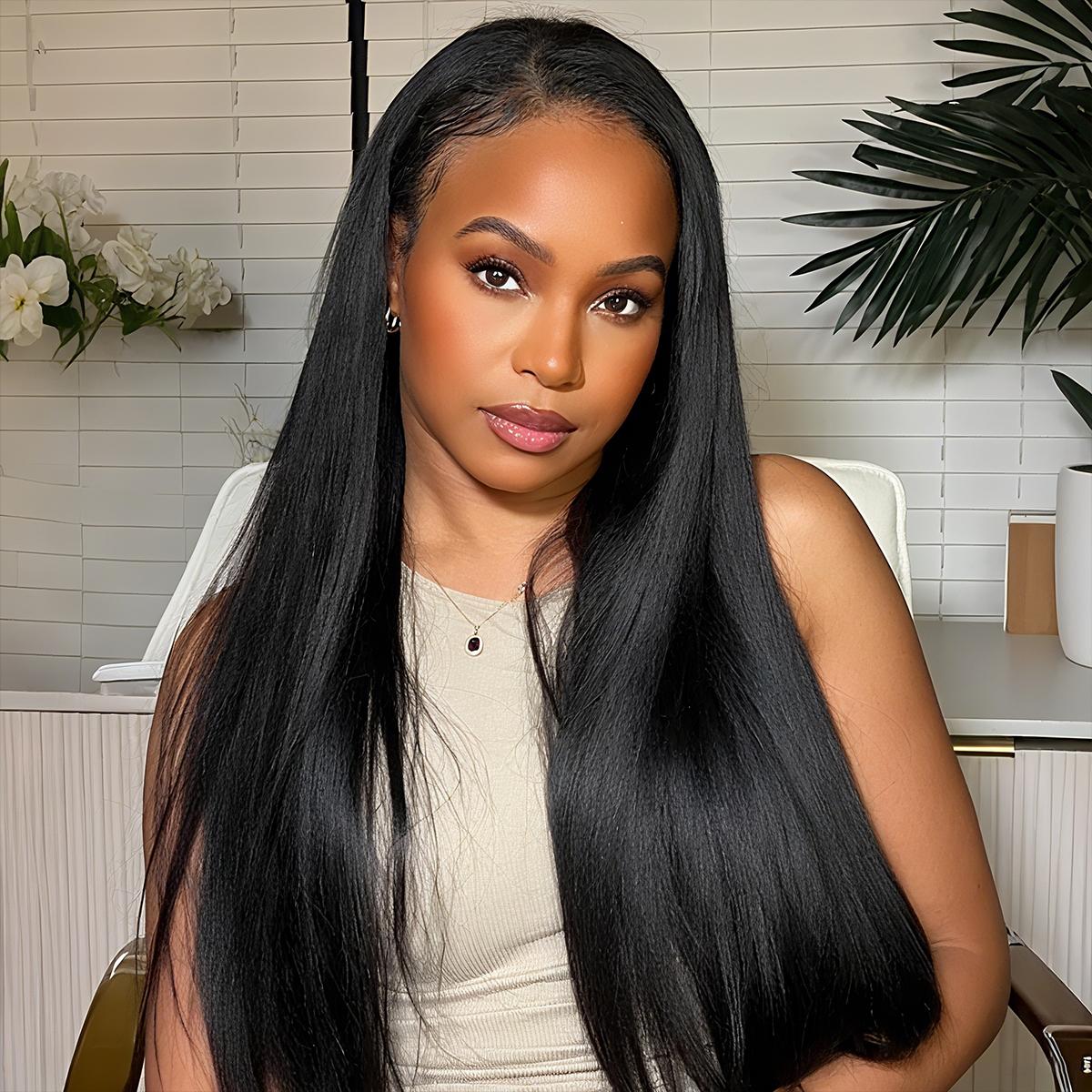 Mscoco Glueless Half Wig 100 Human Hair Yaki Body & Bouncy Deeep And Yaki Straight, Kinky Curly  Half Wig Adjustable Drawstring Beginner Friendly Flip Over Wig Natural Hairline #outdoorfun #TikTokshopCyberMonday #TiktokShopBlackFriday #christmassale2025