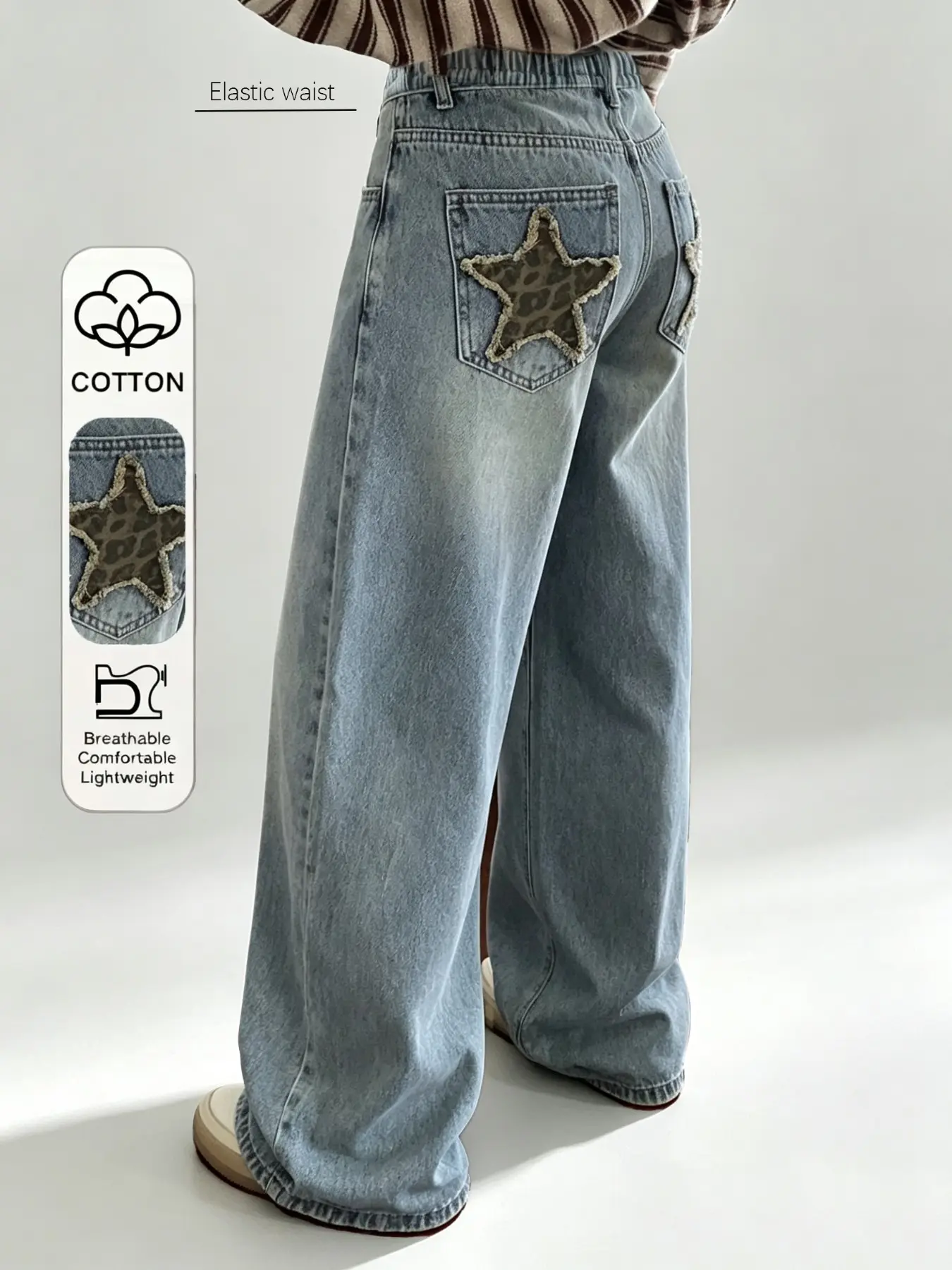 Women's Vintage Leopard Print Star Patch Wide Leg Jeans, High Waist Loose Fit Ankle Length Pants, Casual Aesthetic All Season Wear