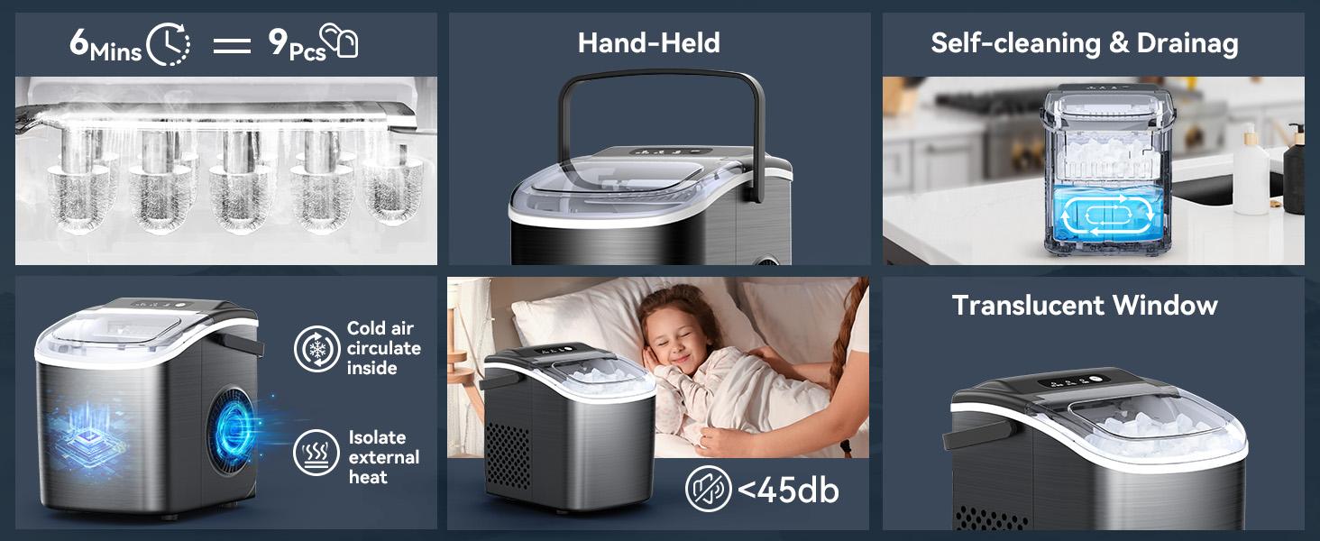 COWSAR Bullet Ice Maker Countertop with Self-Cleaning, Staninless Steel or ABS Plastic, 26.5lbs/24Hrs, 6 Mins/9 Pcs Bullet Ice, Portable Ice Maker for Kitchen/Home/Office/Party/RV