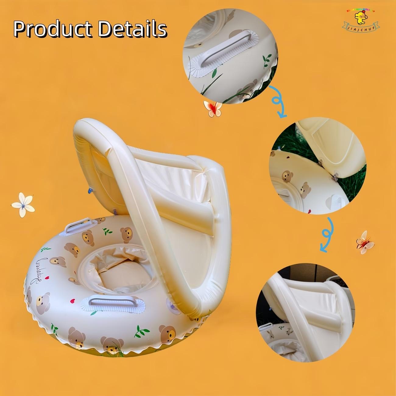 Bear & Rabbit Design Kids Swim Ring with Sun Canopy & Handles, INS Style Cute Inflatable Float, Sunshade Baby Swim Ring & Floating Mat, Perfect for Beach Trips & Pool Parties