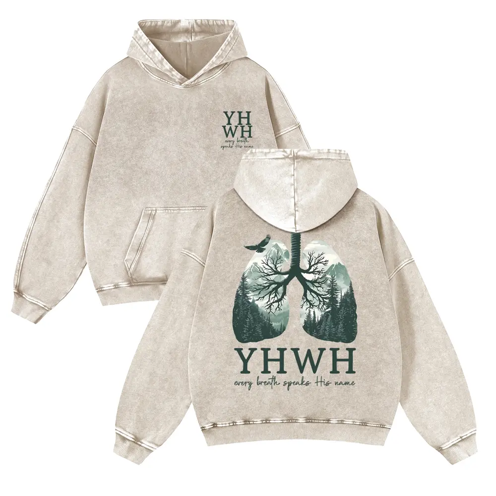 Vintage Washed Christian Hoodie Unisex Oversized YHWH Graphic Pullover Sweatshirt - "Every Breath Speaks His Name" Forest Nature Faith Streetwear Hoodies,clothes for back to school,first day of school outfits