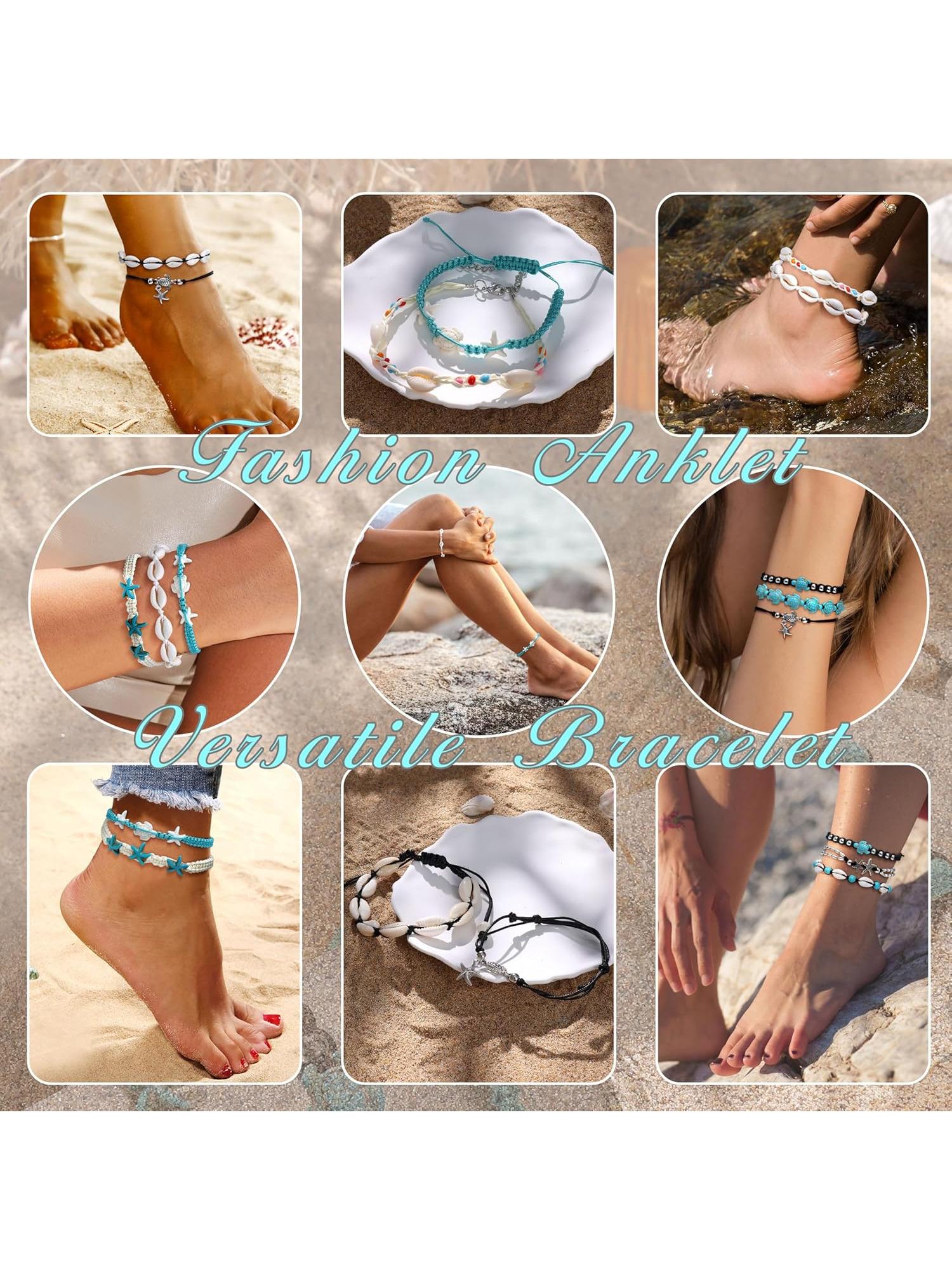 10PCS Shell Turtle Ankle Bracelets Handmade Boho Beaded Anklet Jewelry Adjustable Natural Cowrie Shell Beach Bead Anklet for Women