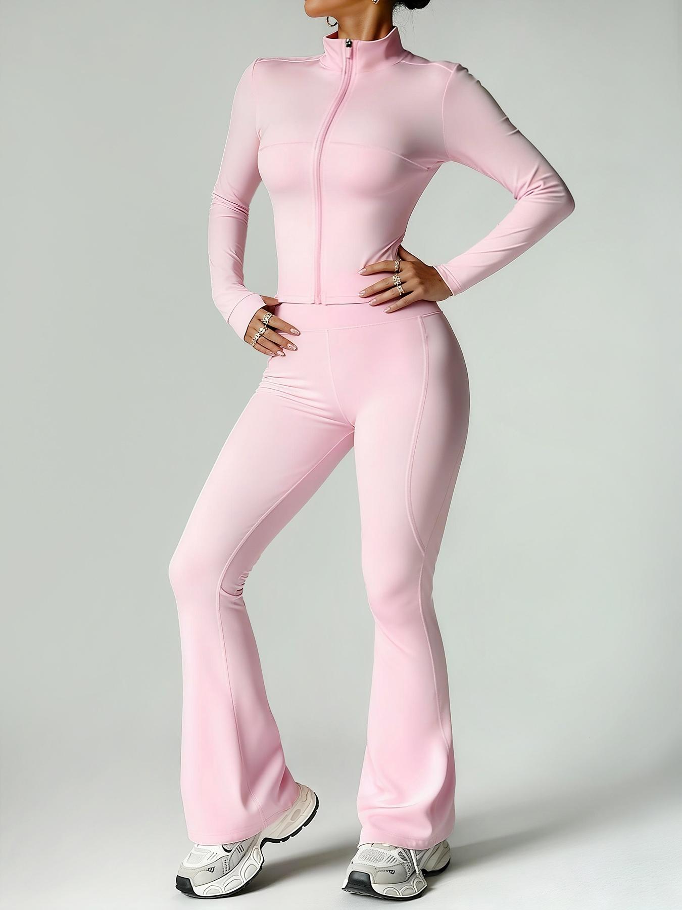 Women's 2-Piece Fitness Set, Stand Collar Full Zip Jacket, Long Sleeve High Waist Yoga Pants, Sporty All-Season Workout, Athleisure Wear Set, Yoga Outfit