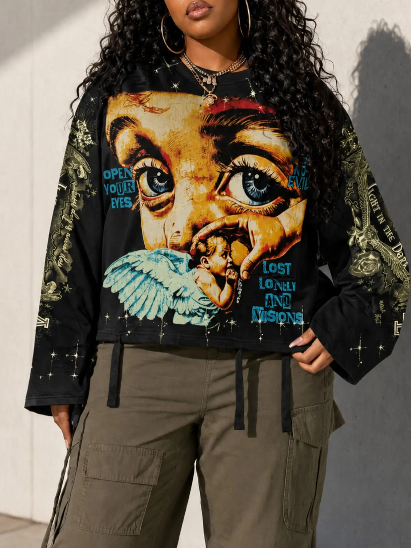 Dark Angel Eye Graphic Long Sleeve Top Women Oversized Vintage Streetwear Grunge Aesthetic Distressed Casual Tee