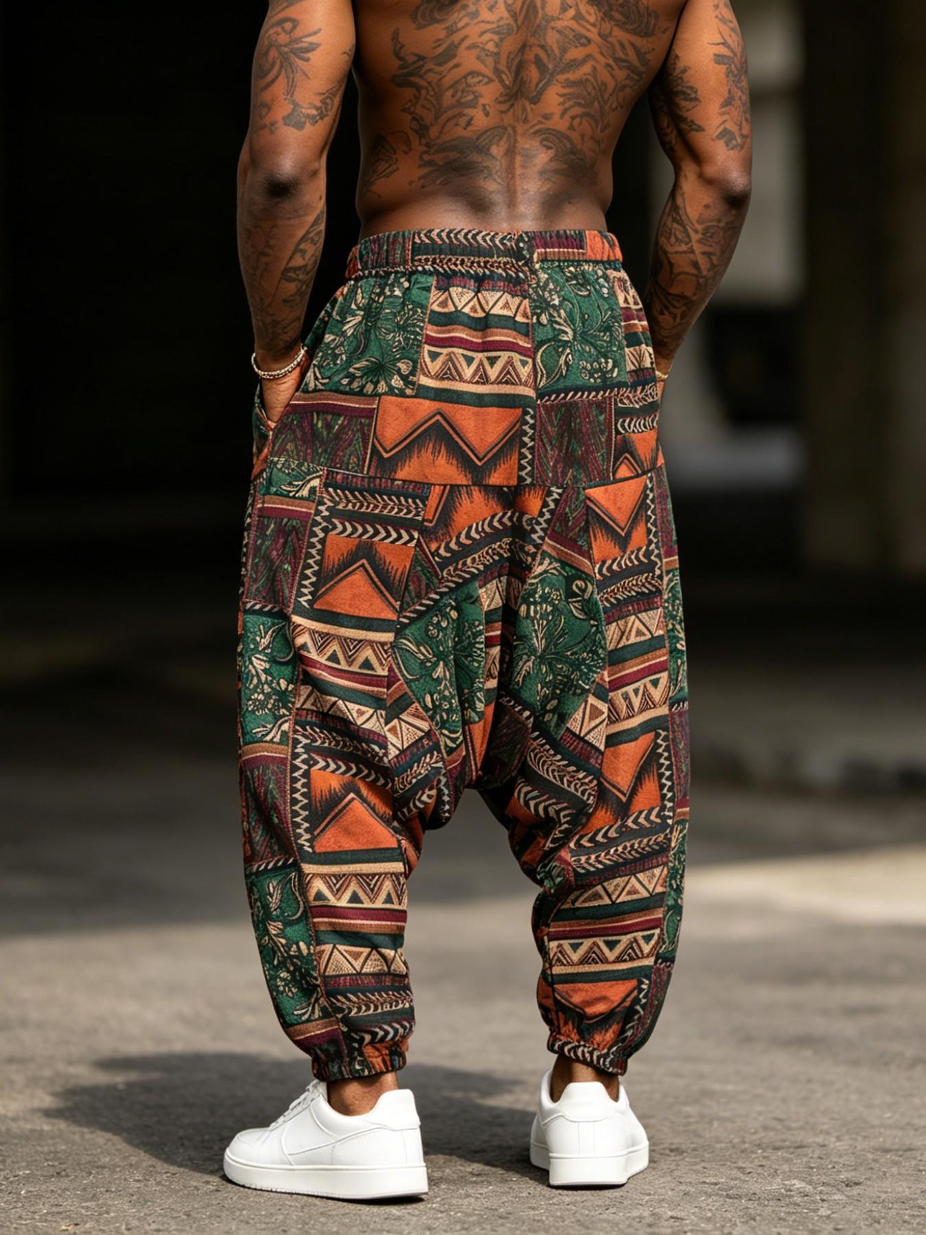 Men's Aztec Print Harem Pants, Elastic Waist Baggy Casual Trousers, Ideal for Beach Vacation, Streetwear & Yoga, Bohemian Boho everyday wear lightweight on trend bottoms bodycon street style