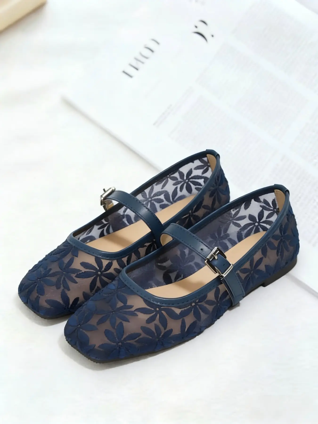 Women Breathable Mesh Cushioned Non Slip Lightweight Flats, Casual Fashionable Flats, All Season Daily Office Date Vacation, 3D Floral Embroidery Sheer Mesh Adjustable Buckle Square Toe Balletcore Coquette Vintage Mary Jane Flats