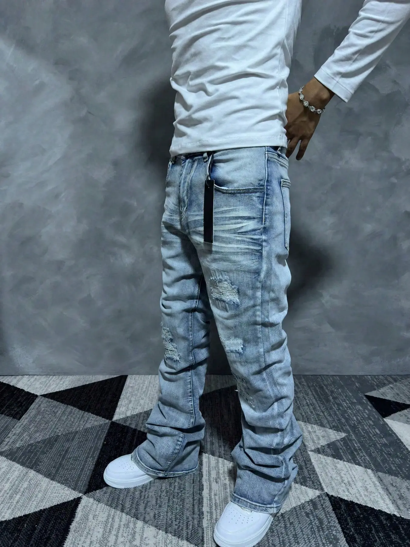 Men's Flare Jeans, Slim Fit Distressed Flare Leg Denim, Y2K Layered Jeans, Contrast Wash Embroidered Jeans, Wearable All Year Round