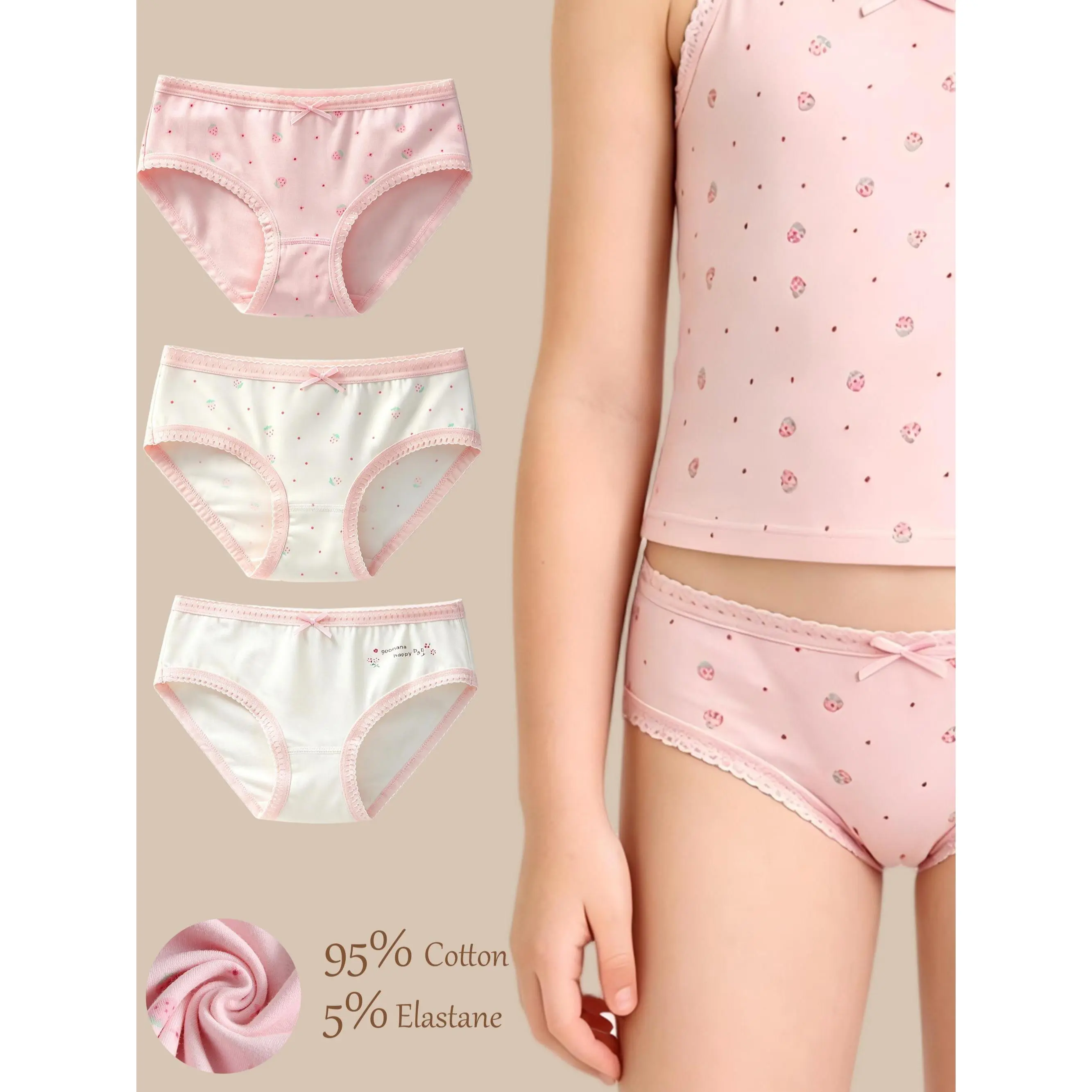 3-Pack Cute Strawberry Print Girls Cotton Panties | Lace Bow Trim Breathable Kids Daily Underwear