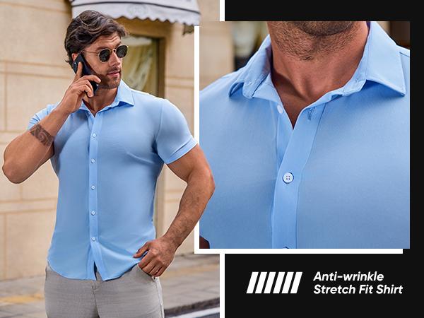 Mens Muscle Fit Dress Shirts Casual Button Down Shirt Short Sleeve Wrinkle-Free Shirts