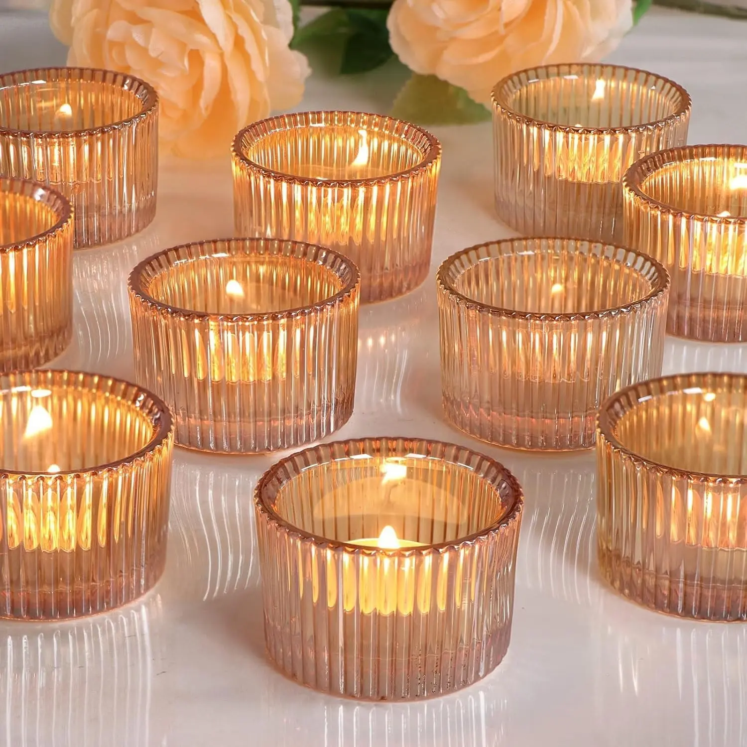 12 Pcs Gold Tealight Candle Holder 2'' x 1.4'', Small Votive Candle Holders for Table Centerpiece, Glass Tea Light Candle Holders for Party, Home and Wedding Decor