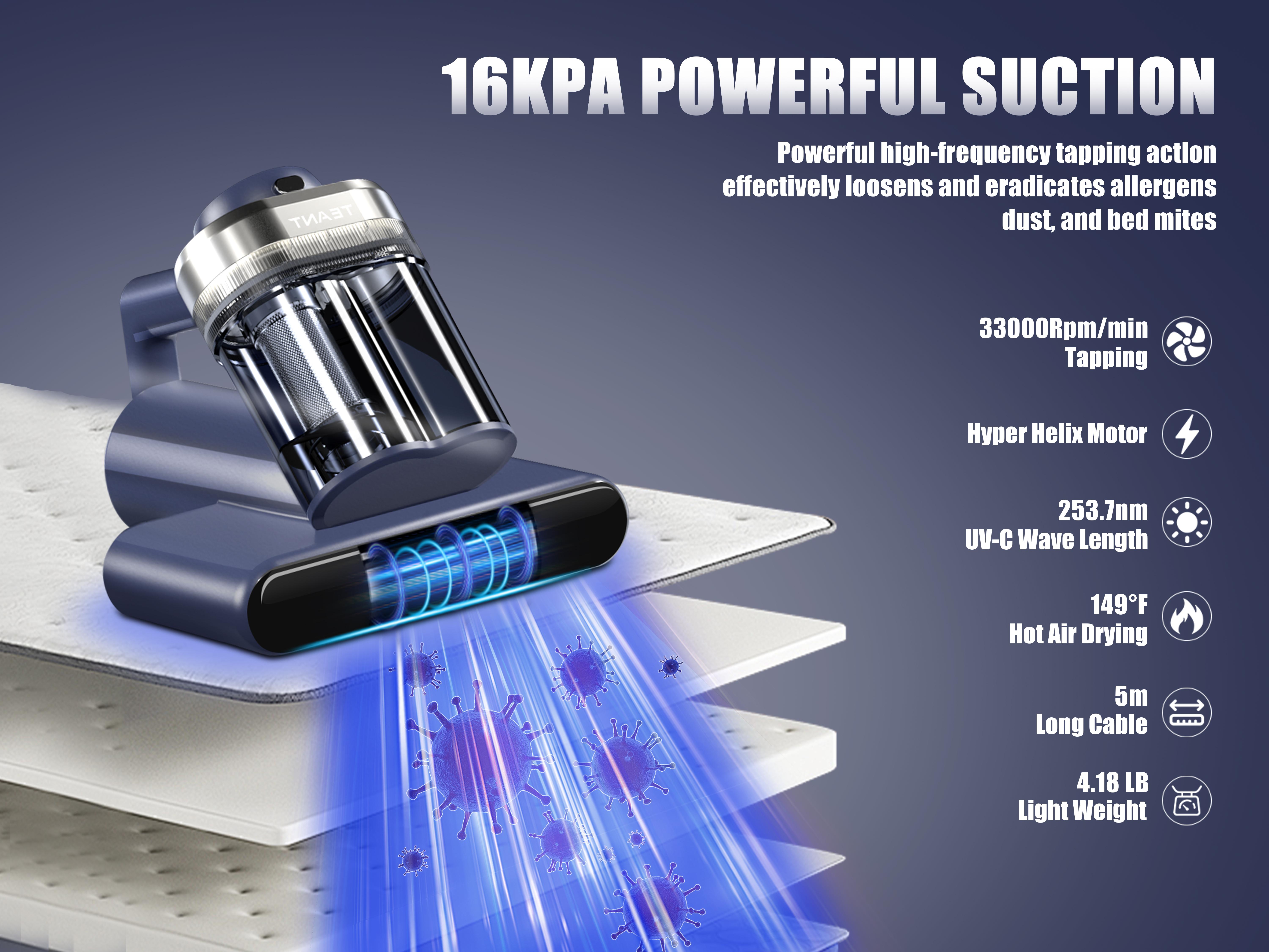 Teant Mattress Vacuum Cleaner for Dust Mites Removal, Bed Vacuum with UV-C Light & 149°F Hot Air & Aroma Tablet & LED Display, 16Kpa Powerful Suction Double-Cup Handheld Vacuum Cleaner With HEPA Filter for Bed, Couch, Sofa, Carpet