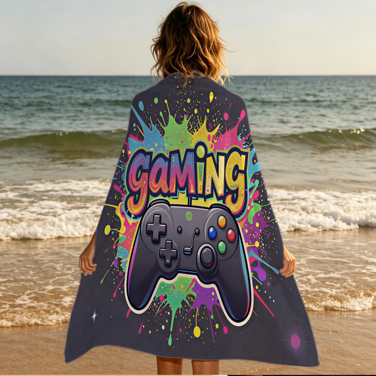 Neon Game Controller Print Beach Towel, a Unique Cyberpunk‑Style Game Controller Beach Towel, Perfect for Beach Vacations, Poolside Fun, and Outdoor Camping—Creating a Trendy and Cool Summer Getaway Experience
