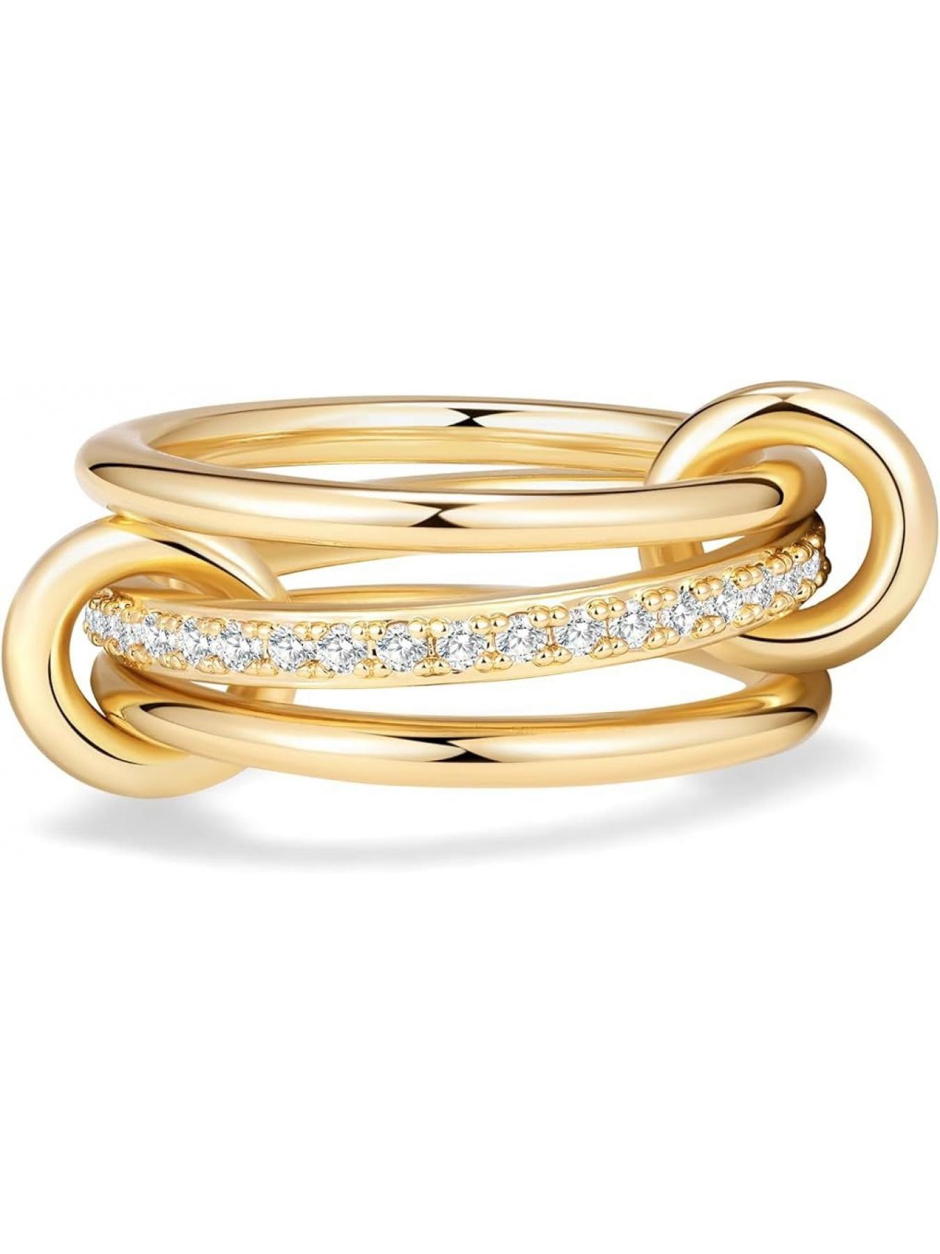 Stainless steel interlocking rings with full diamonds and wave-shaped three-ring design. New color combination and multi-element style.