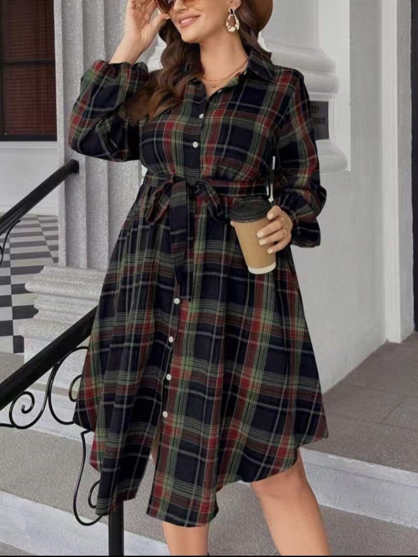 Elegant Casual Plaid Button Front Long Sleeve Dress, Loose-Fitting Ditsy Floral Pattern, Spring & Fall Women's Fashion
