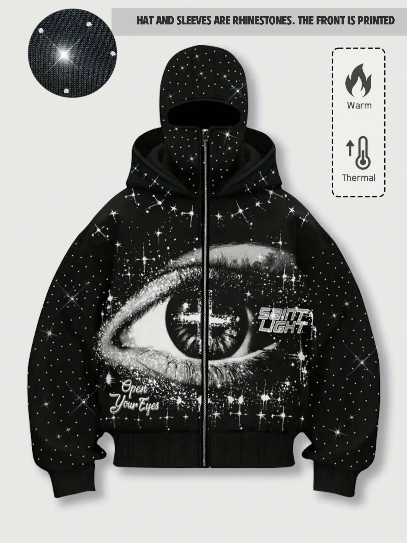 double hood rhinestone street casual loose men's zipper hoodie eye print sweatshirt, Graphic print hoodie autumn and winter fleece warm men and women brand Y2K jacket cool nightclub rock hip-hop music festival