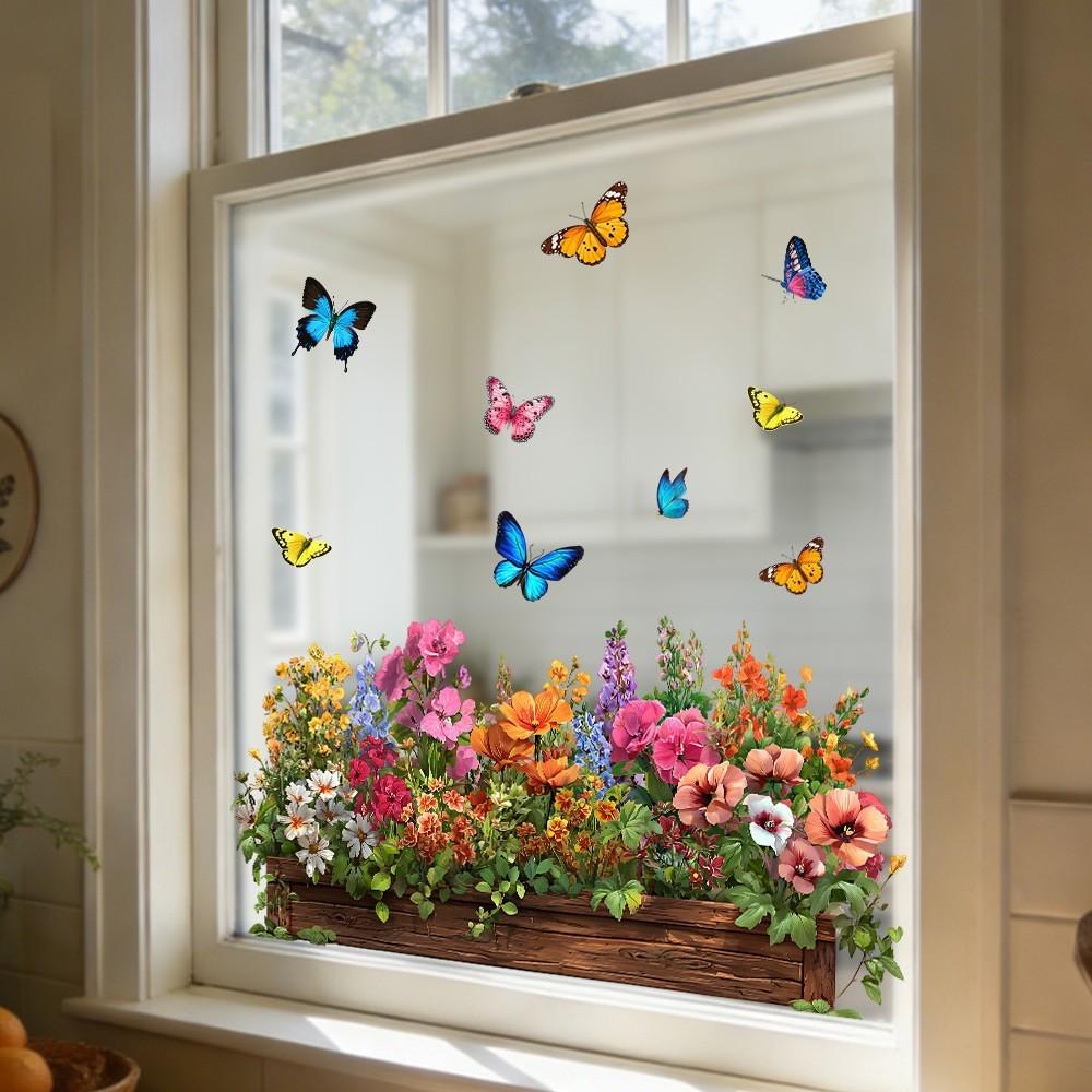 Home Floral Glass Stickers, Butterfly Plant Landscape Static Stickers, Decorative Stickers, Bathroom Bedroom Living Room Window Decor, Reusable Adhesive
