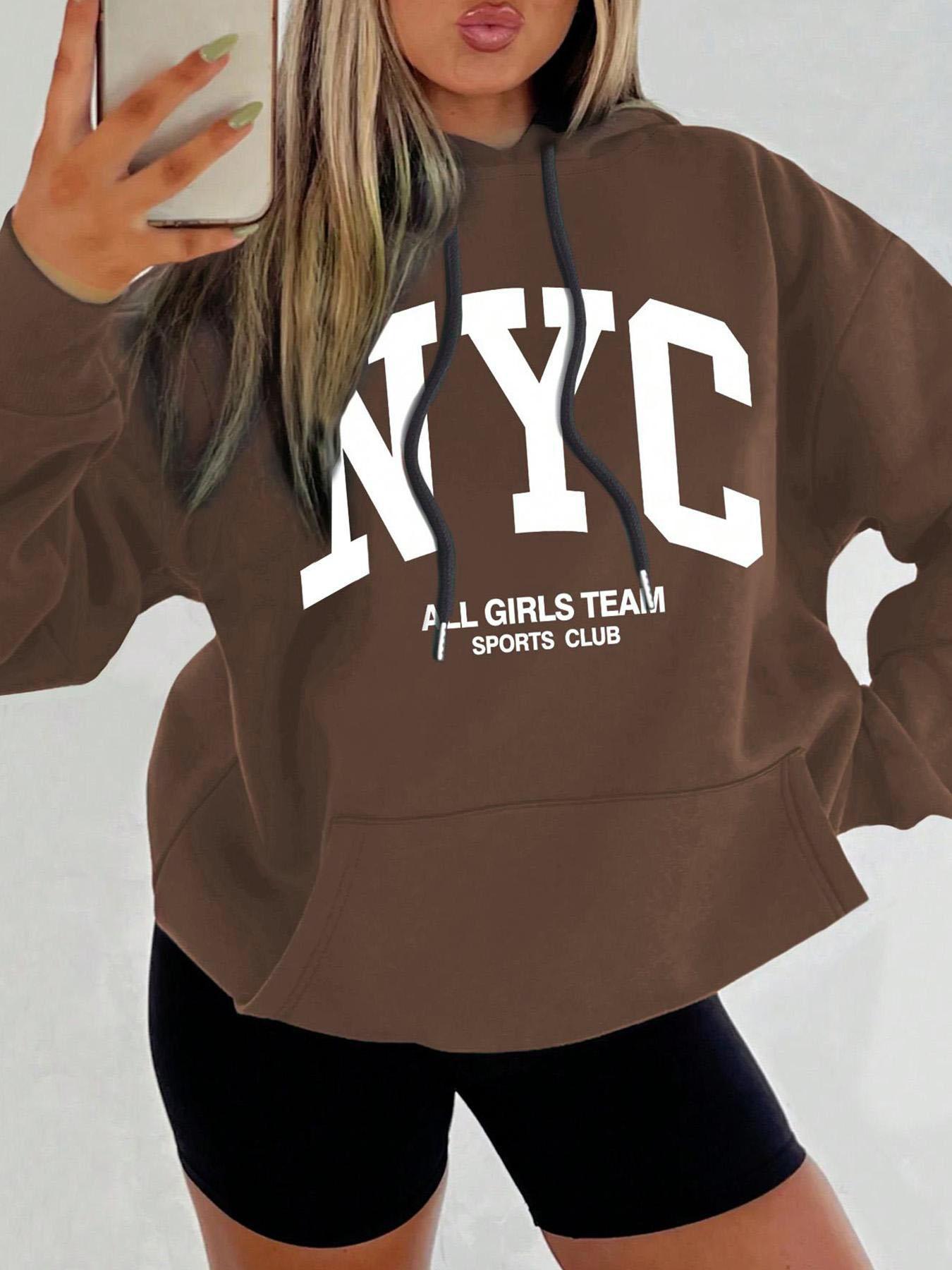 Women's Letter Print Drop Shoulder Hoodie, Fashion Casual Drawstring Pocket Hooded Sweatshirt for Daily Holiday Outdoor Wear, Women Clothing for Fall & Winter