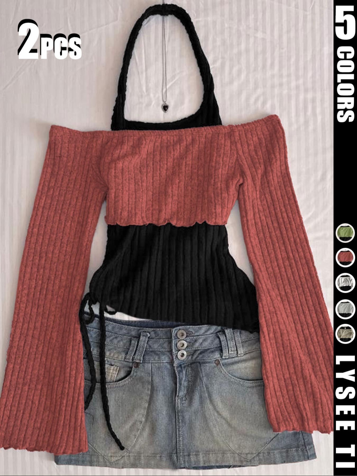 2PCS Fashion casual Fitted women's contrasting neck hanging solid color top two-piece set