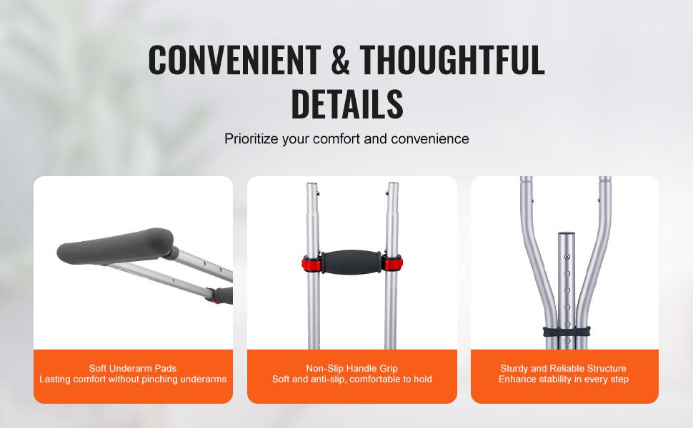 VEVOR Underarm Crutches, 13-Level Height Adjustable Underarm Walking Crutches, Lightweight Aluminum Crutches for Adults Teenager - with Soft Underarm Pad for Leg Injury Surgery Disabled, 1 Pair 300LBS