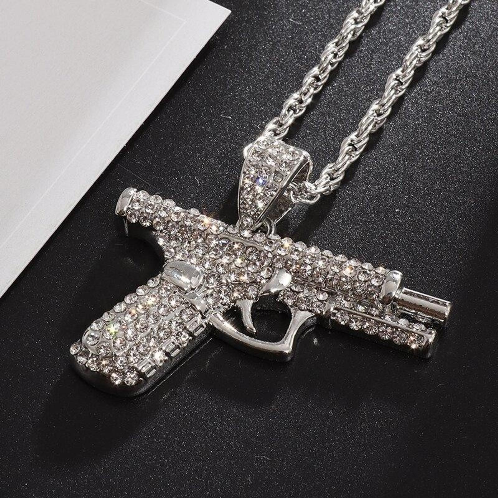 Men's Iced Out Cuban Link Chain with Rhinestone Pistol Pendant, Hip Hop Bling Necklace for Daily Casual Wear
