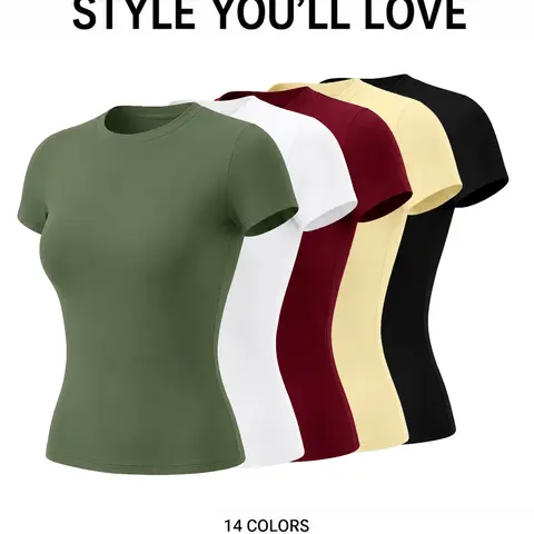 Women's Workout T Shirts, Athletic Fitted Tee, Cooling Comfortable Breathable Short Sleeve Jersey Style Tops Four Way Stretch Slim Fit Solid Color Crew Neck Pilates Yoga Tops for Gym Running Cycling Moisture Wicking Quick Dry Fitness Tees