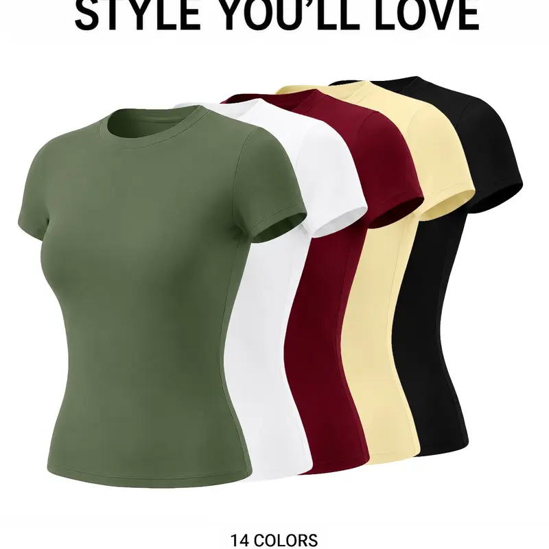 Women's Workout T Shirts, Athletic Fitted Tee, Cooling Comfortable Breathable Short Sleeve Jersey Style Tops Four Way Stretch Slim Fit Solid Color Crew Neck Pilates Yoga Tops for Gym Running Cycling Moisture Wicking Quick Dry Fitness Tees