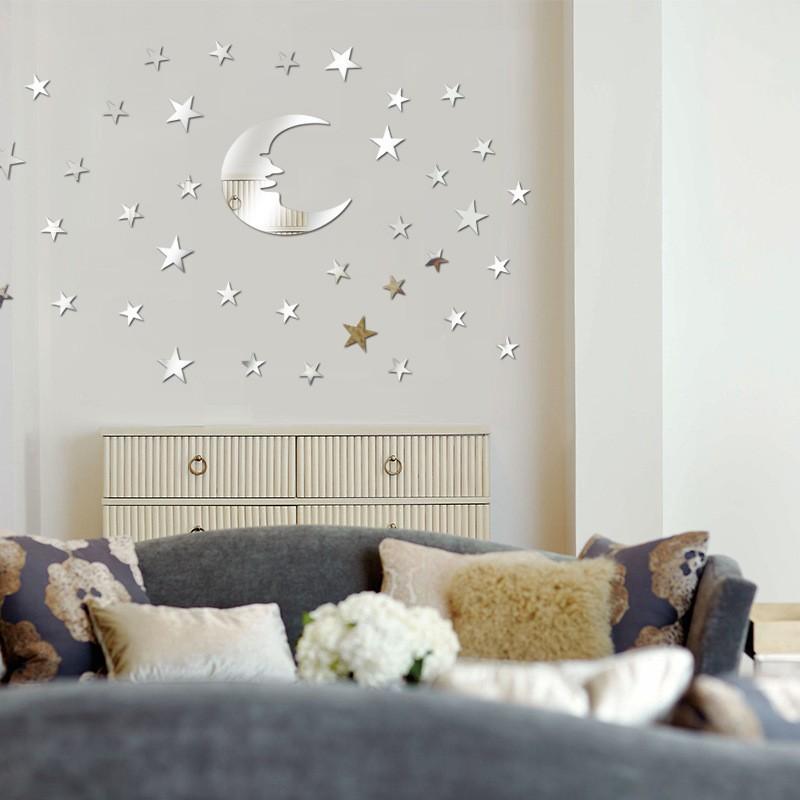 Moon & Stars Acrylic Mirror Wall Stickers, 3D Self-Adhesive DIY Celestial Mirror Wall Decals, Modern Nordic Style Shatterproof Wall Art Decor for Kids Room Bedroom Nursery, Make Room Look Bigger, Easy Install