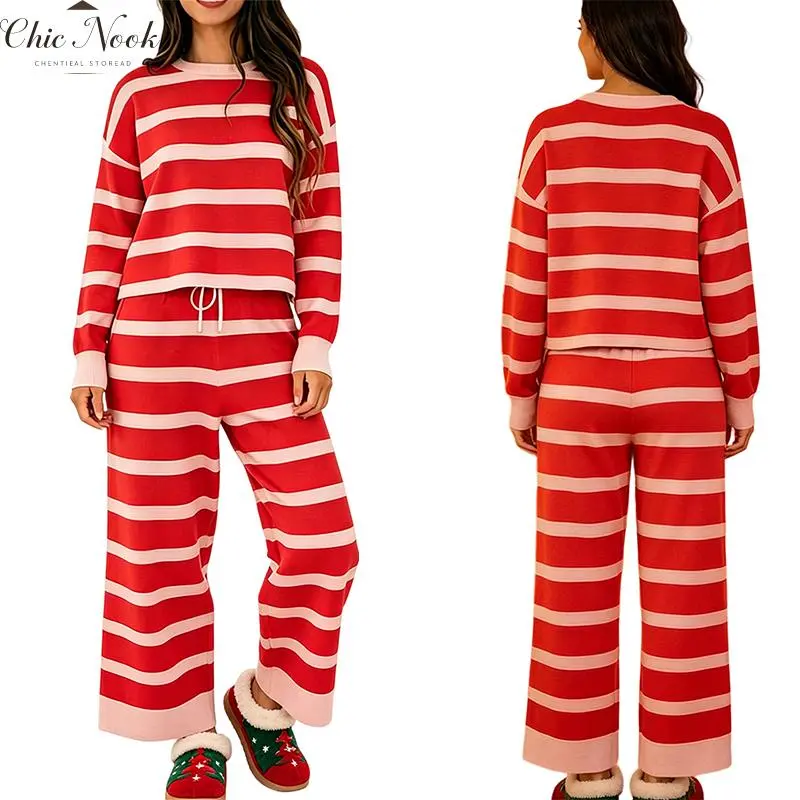 Women's 2 Piece Striped Outfit Long Sleeve Knit Sweater Wide Leg Pants