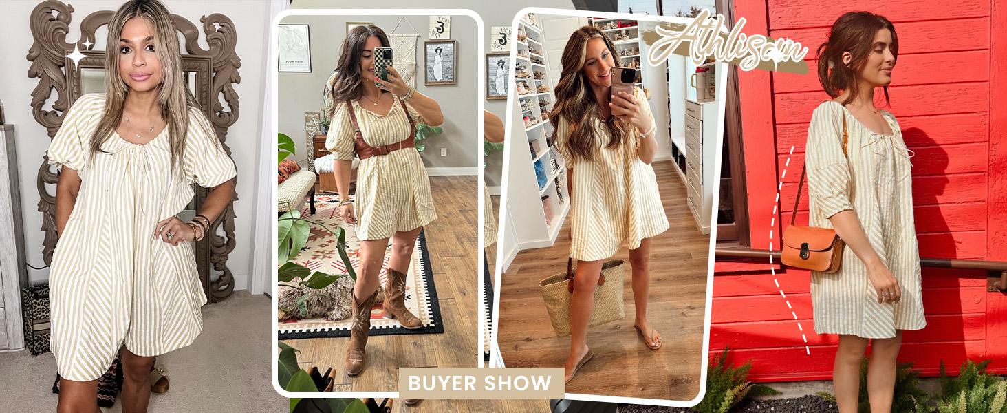 Womens Striped Romper Casual Loose Puff Sleeve Wide Leg Jumpsuit Overall with Pockets