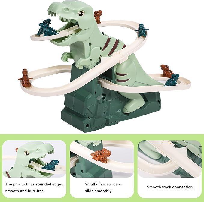 Electric Dinosaur Stair Climbing Toy, Automatic Slide Track Playset with 6 Dinosaur Cars, Educational Interactive Racing Toy for Kids, Ideal Holiday Birthday Gift