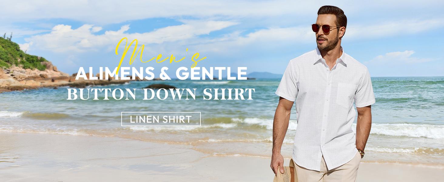 Alimens & Gentle Menswear Mens Linen-Cotton Fabric Plain Short-Sleeve Casual Button-Down Shirt, Lightweight Hippie Tropical Summer Beach Top, Shortsleeve Alimens & Gentle Menswear Mens Linen-Cotton Fabric Plain Short-Sleeve Casual Button-Down Shirt, Lightweight Hippie Tropical Summer Beach Top, Shortsleeve